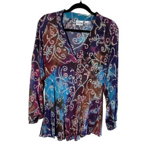 Vtg Chico's Blouse Shirt 100% Silk Size 2 Sheer Bright Artsy Sheer Tunic